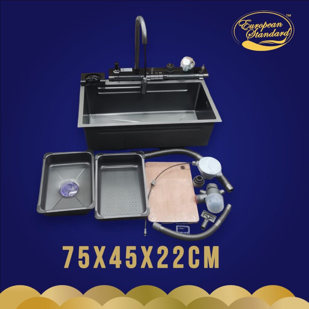 European Standard 750 × 450 × 220 mm Black Workstation Kitchen Sink Set
