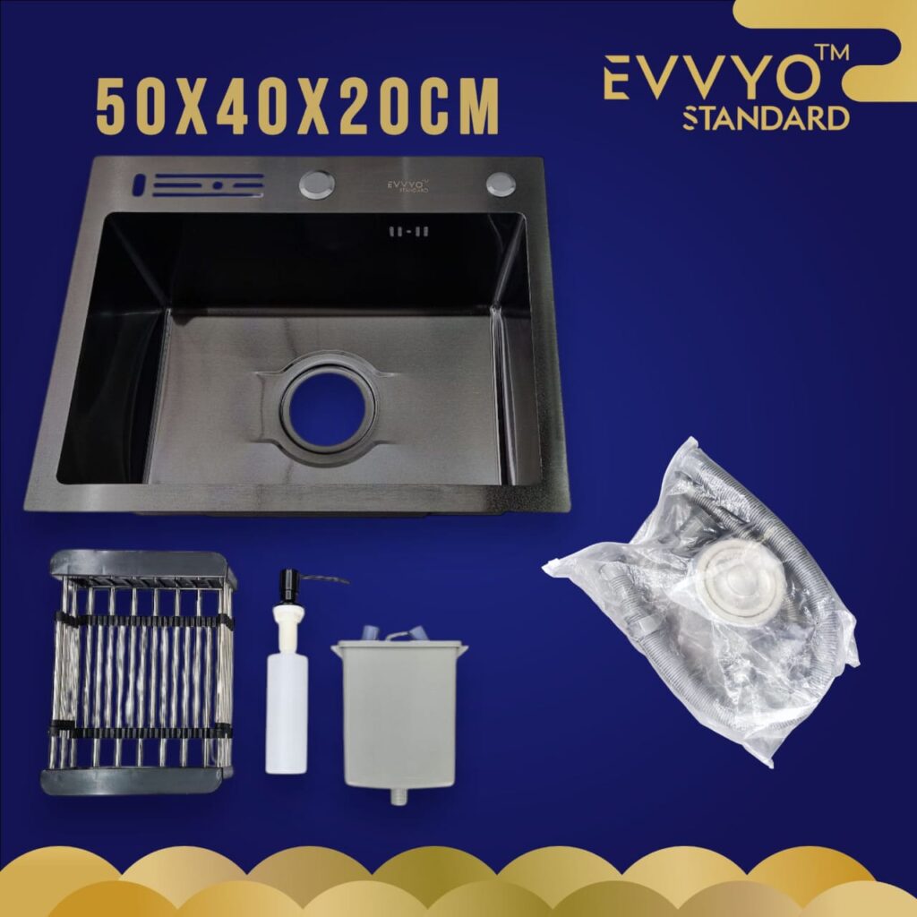EVVYO Standard 500 × 400 × 200 mm Single Bowl Kitchen Sink – Dark Finish