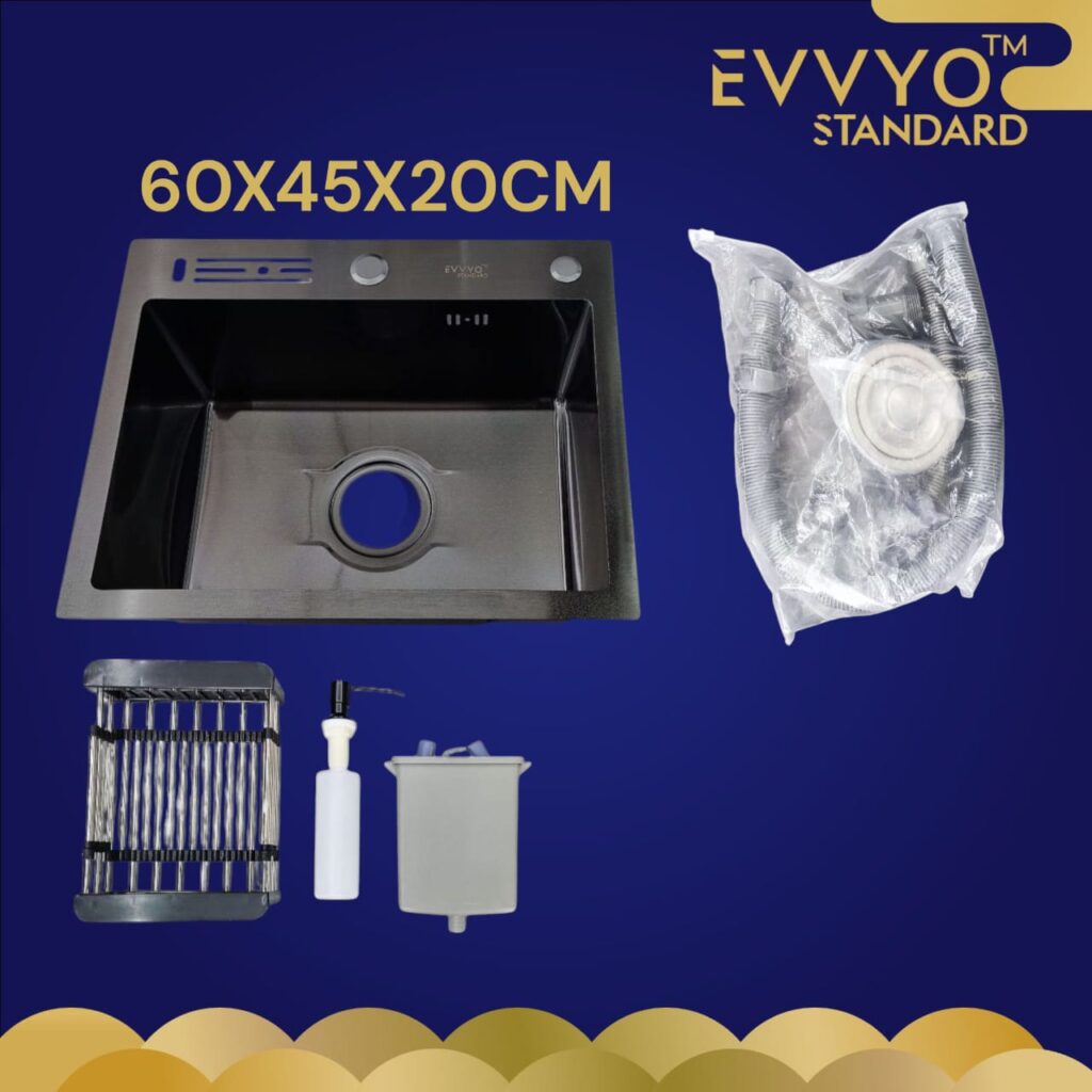EVVYO Standard 600 × 450 × 200 mm Single Bowl Kitchen Sink – Dark Finish