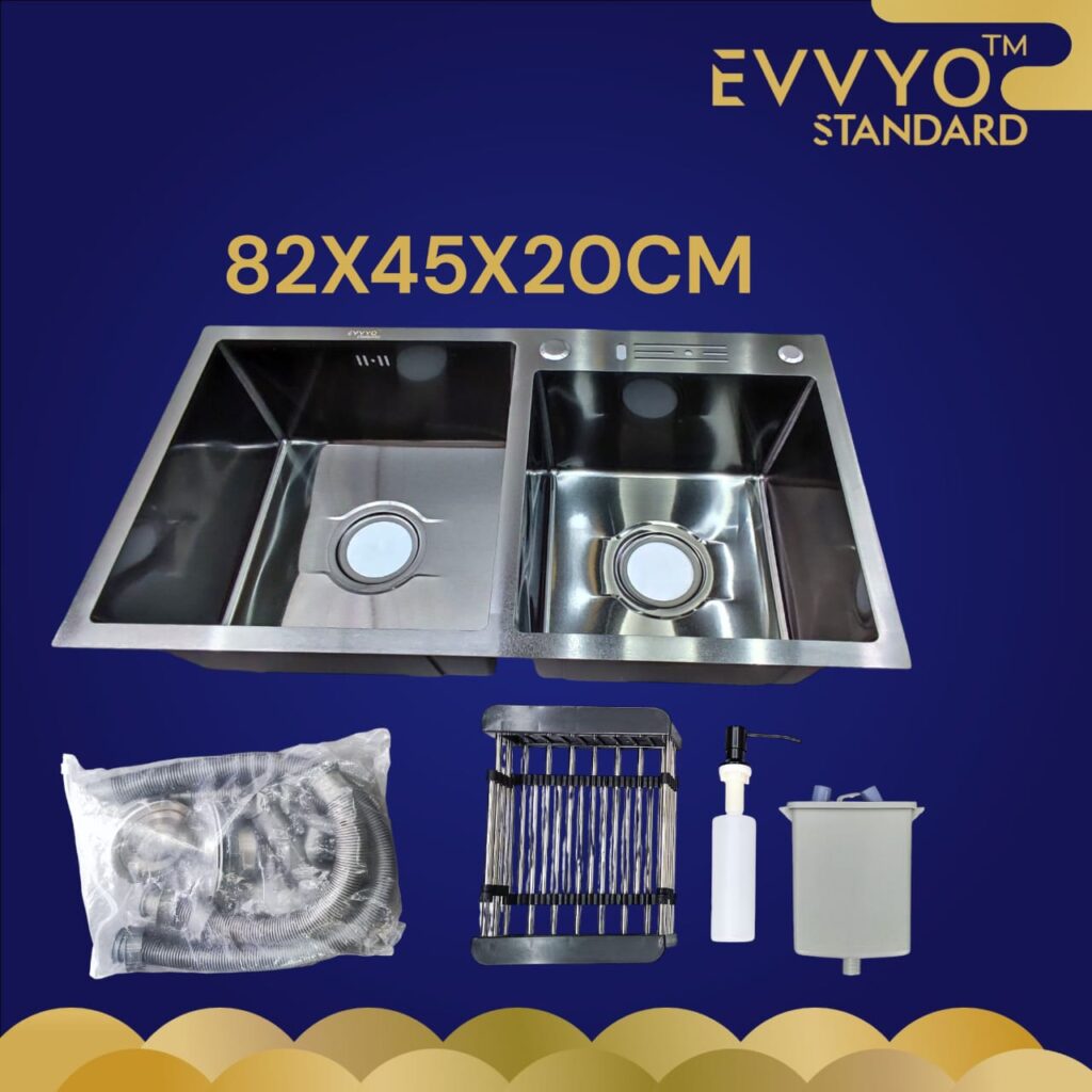 EVVYO Standard 820 × 450 × 200 mm Double Bowl Kitchen Sink – Dark Finish